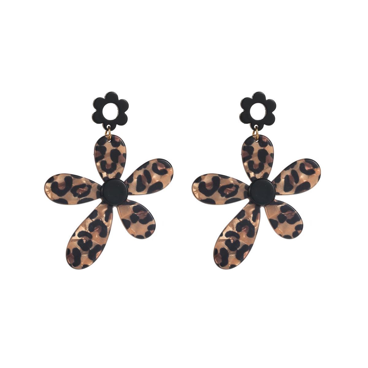 Retro Geometric Leopard Print Pendant Earrings - Brown Heart Flower Fashion Accessories