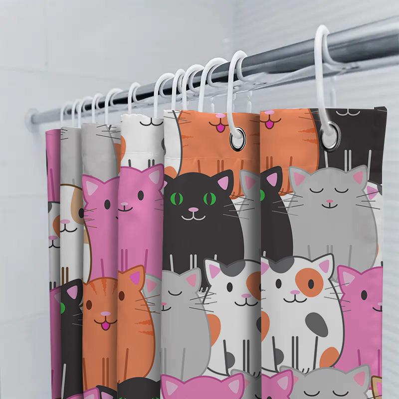 Whimsical Cat Shower Curtain Set Black Pink Orange White Colorful Cartoon Cat Print Bathroom Decor Hanging Shower Curtains Water