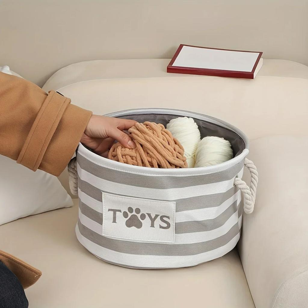 1pc-Foldable Striped Pet Toy Basket Dog Toy Storage Box with Woven Rope Handle Pet Storage Basket for Dog Toys and Accessories