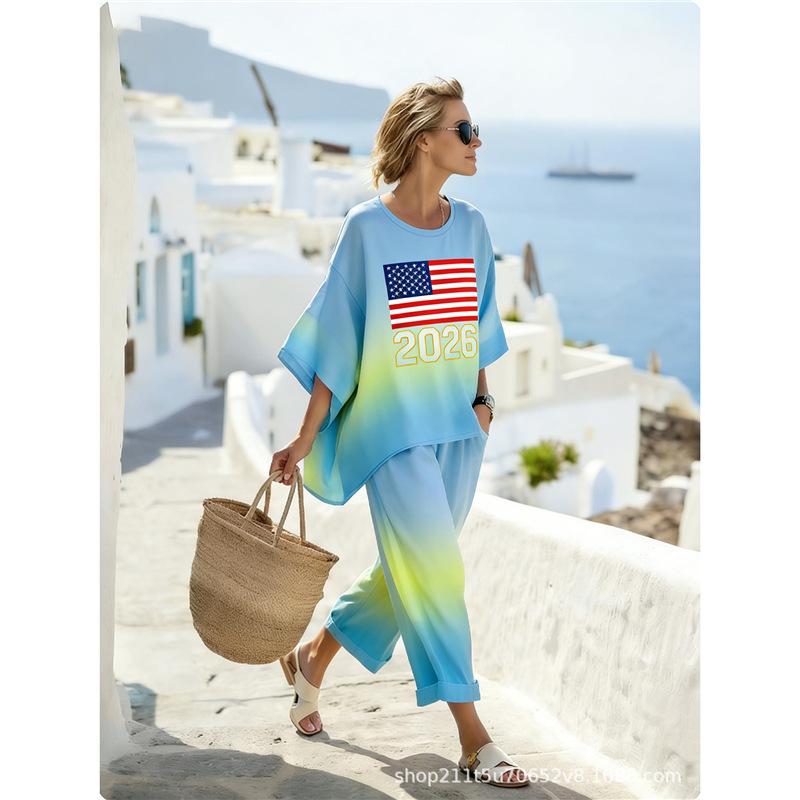 New set 1116 women's round neck gradual change printing casual suit holiday loungewear two-piece set