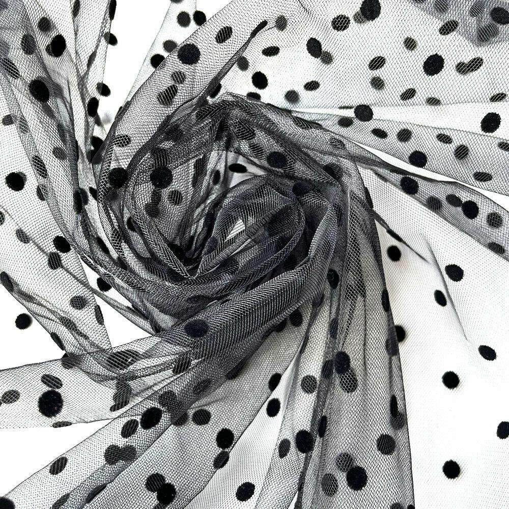 Lace Fabric Soft Velvet Flocking Mesh Voile Tulle Net Mini Black Polka Dot for DIY Sewing Dress Garment Wedding Decor Material