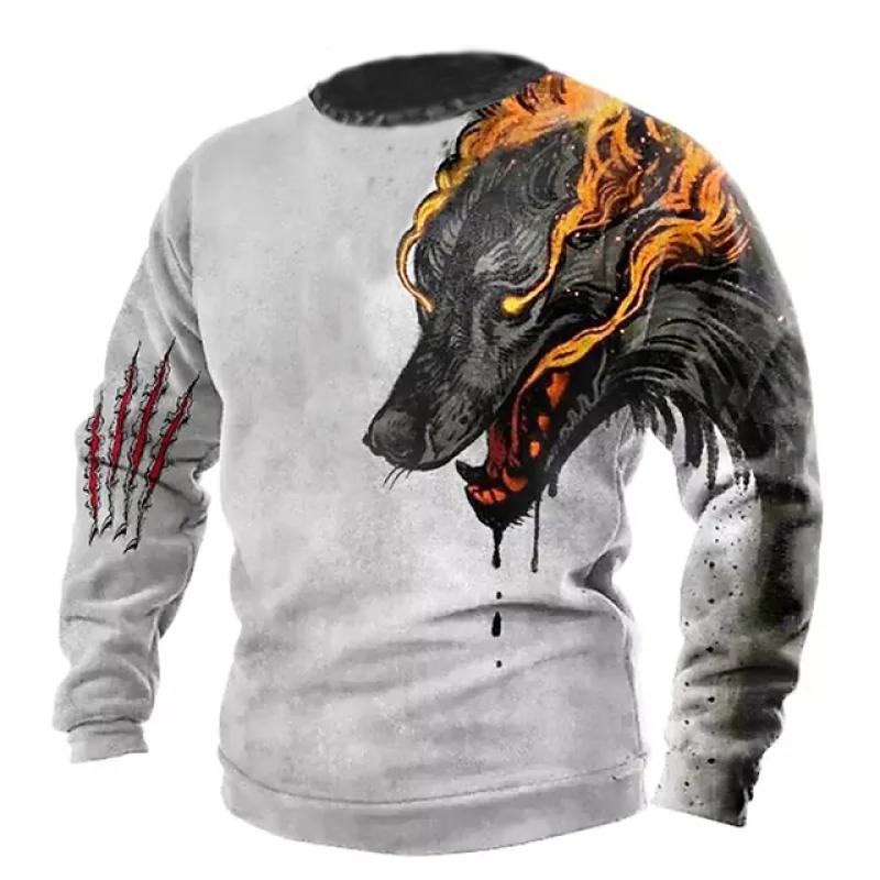 New Men T Shirt 3d Wolf Print Cotton O Neck Long Sleeve Tops Oversized Vintage Clothes Male Gothic Hip Hop Street T-shirts