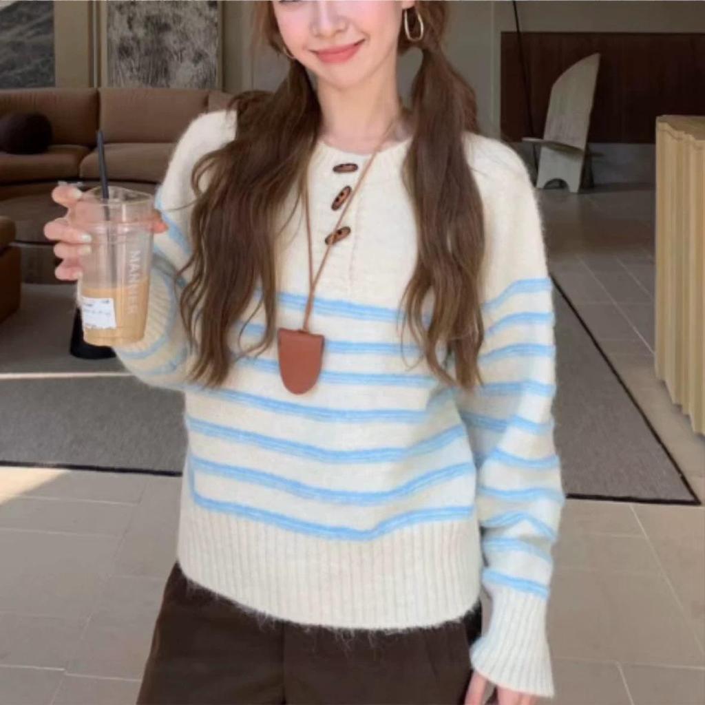 Women's Korean Style Retro Color Block Stripe Knitwear - Soft, Sticky, Round Neck, Loose Fit for Autumn/Winter