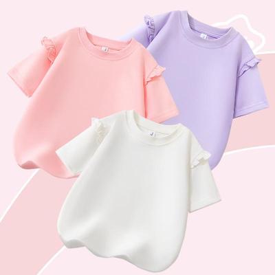 Zomer 2025 Koreaanse Stijl Meisjes Katoenen T-shirt met Ruches - Ronde Hals, Korte Mouw, Effen Kleur, Schattig Onderhemd.