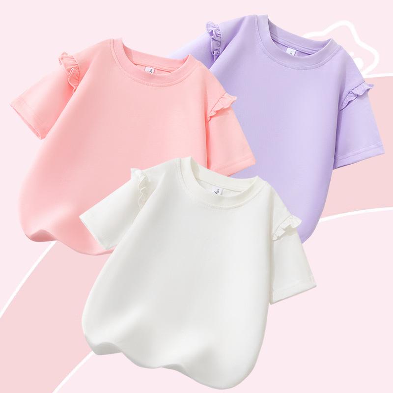 2025 Summer Korean Style Girls' Cotton Ruffle T-Shirt - Round Neck, Short Sleeve, Solid Color, Cute Undershirt.