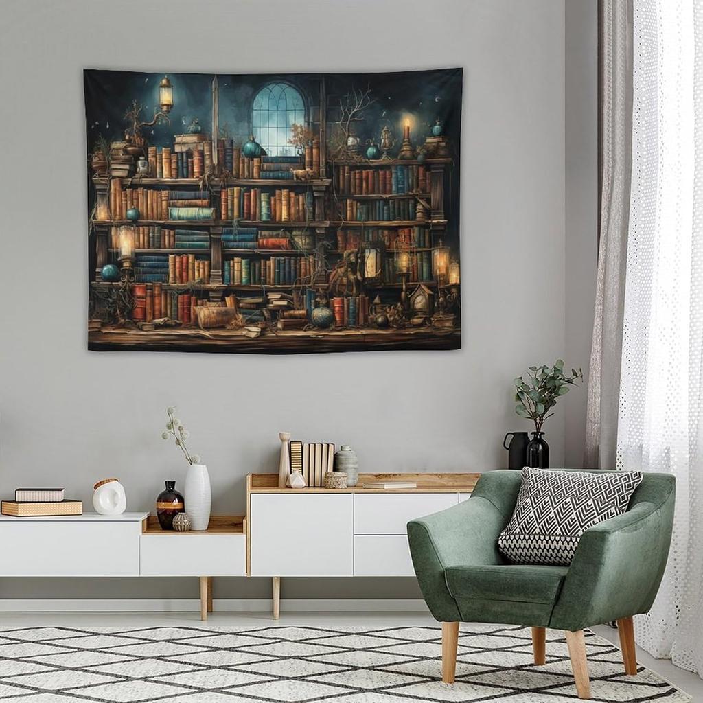 Retro Bookshelf Tapestry Vintage Library Wall Hanging Tapestries,Old Books On Shelf Classical Study Room Student Study College
