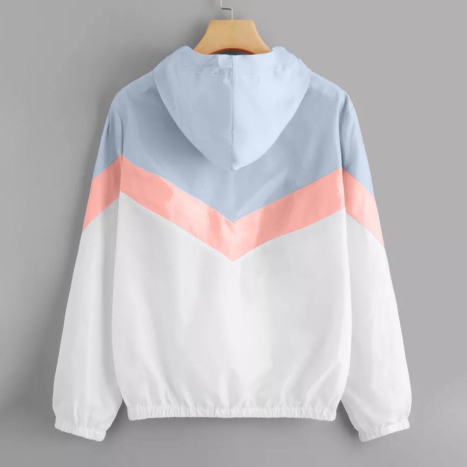 Fashion Hooded Windbreaker Jacket Women Elegant Color Block Patchwork Zipper Bomber Jacket Autumn Casual Coat Outerwear Raincoat
