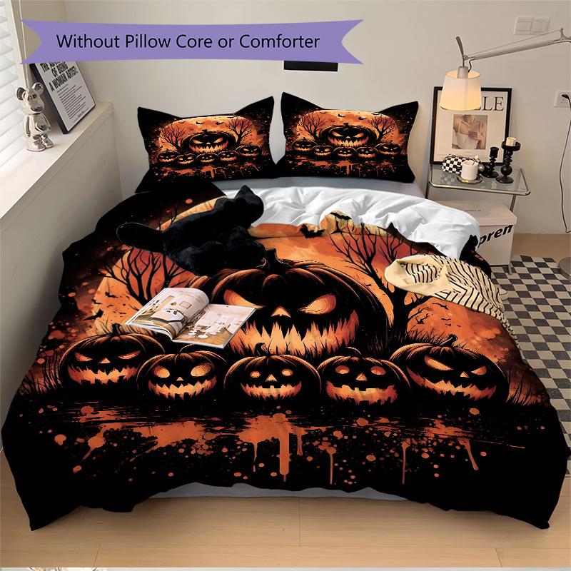 3pcs Scary Pumpkin Quilt Cover Set - Soft and Cozy Bedroom, Guest Room and Dorm Decorative Bedding 3-Piece Set 1 Quilt Cover + 2 Pillow Shams.N08