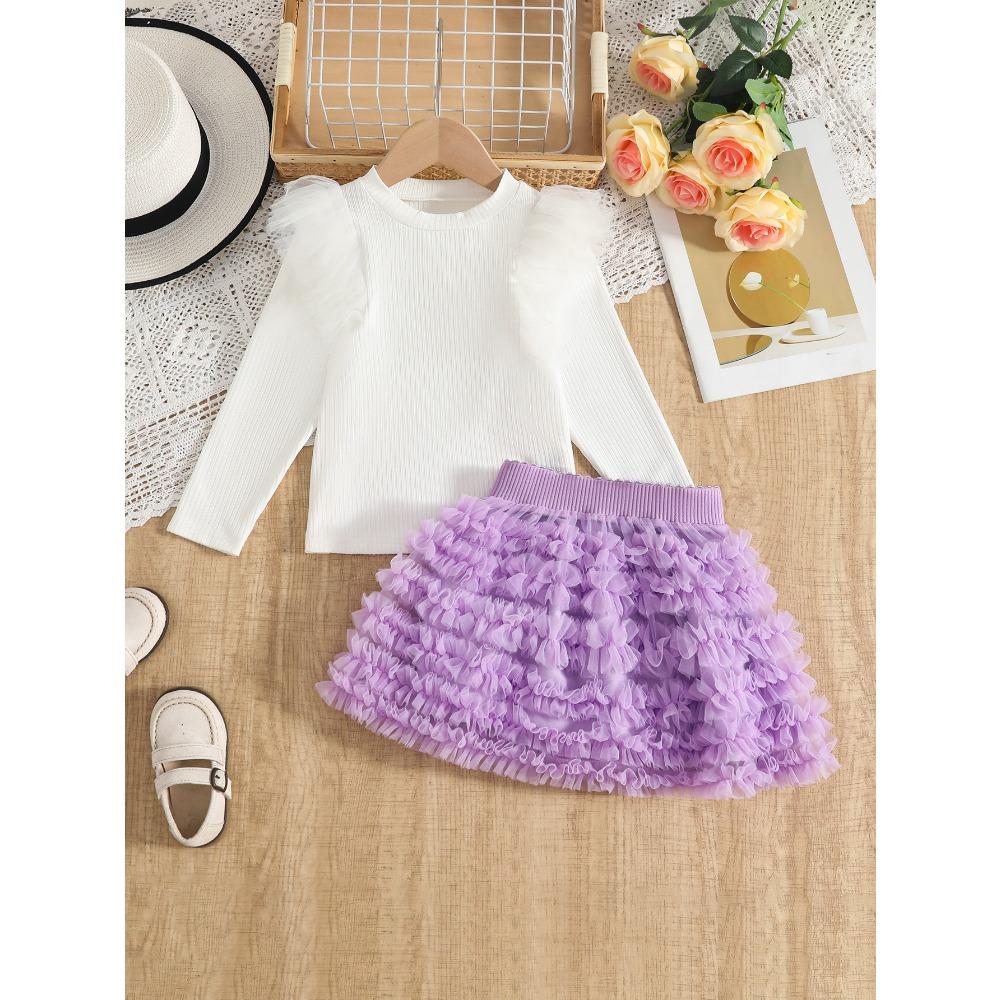 3-7Y Girls' Long-Sleeve T-Shirt + Skirt Children's Half-Skirt Spring/Fall Princess Tulle Skirt Long-Sleeve T-Shirt Puffy Skirt Set