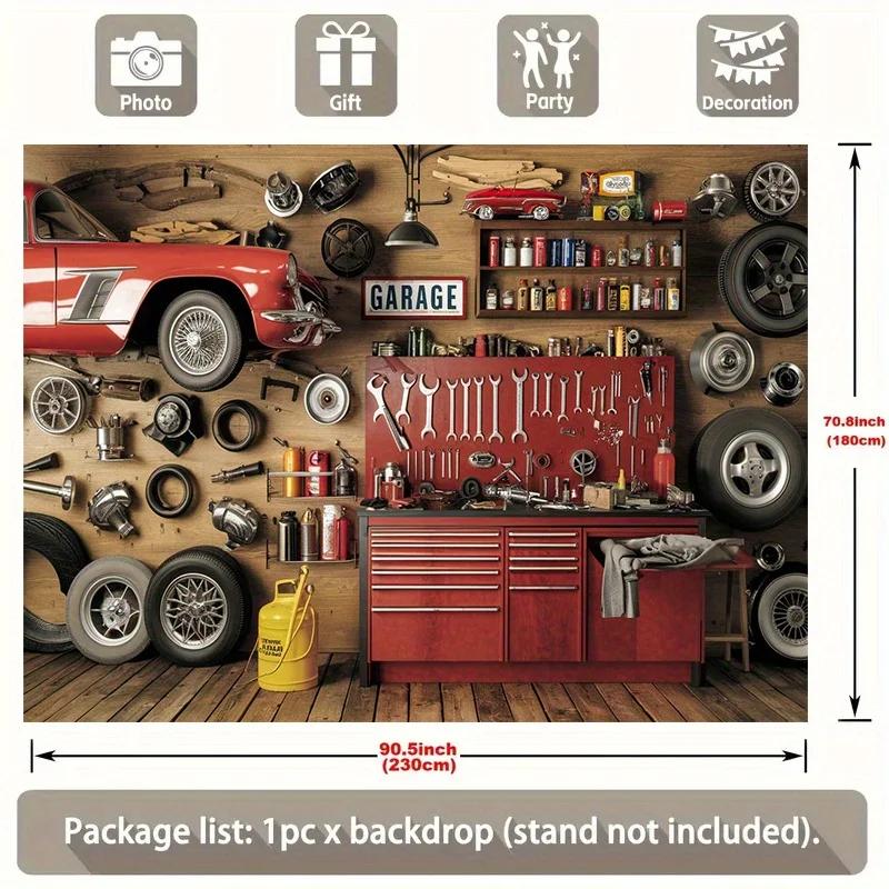 Retro Banner for Workshop or Garage Party | Decorative Polyester Background | Classic Car Design and Toolbox | Car Decorations