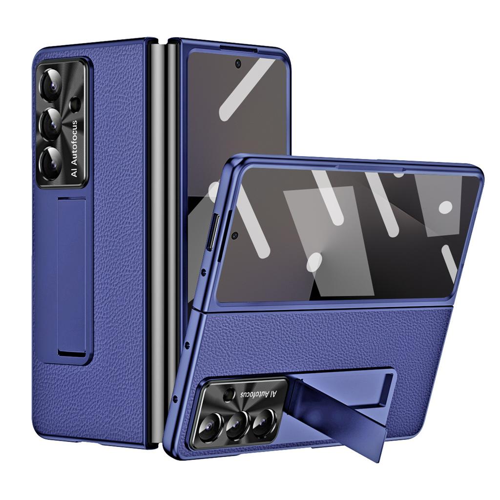 For Samsung Galaxy Z Fold7 5G Case Kickstand Leather+PC Phone Cover with Tempered Glass Film