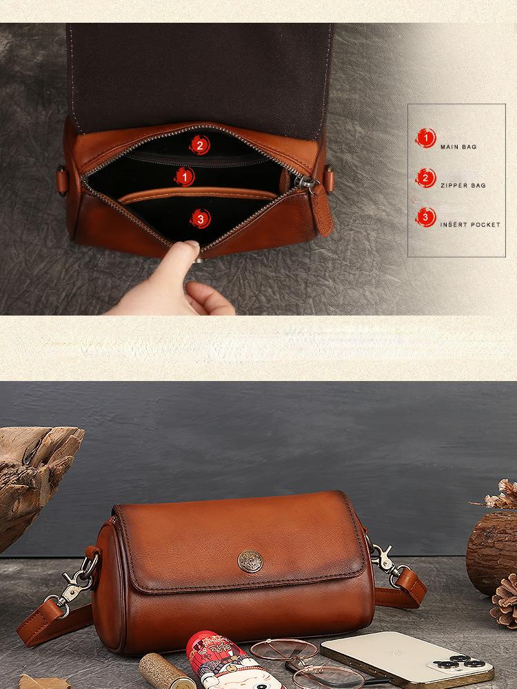 Johnature Vintage Hakiki Deri Yaz Yastık Çanta El Yapımı Çok Yönlü Düz Renk Kadın Omuz ve Crossbody Çanta