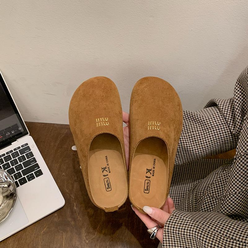 thick-soled women's baotou half slippers 2025 new spring retro one-pedal letter fashion casual lazy shoes