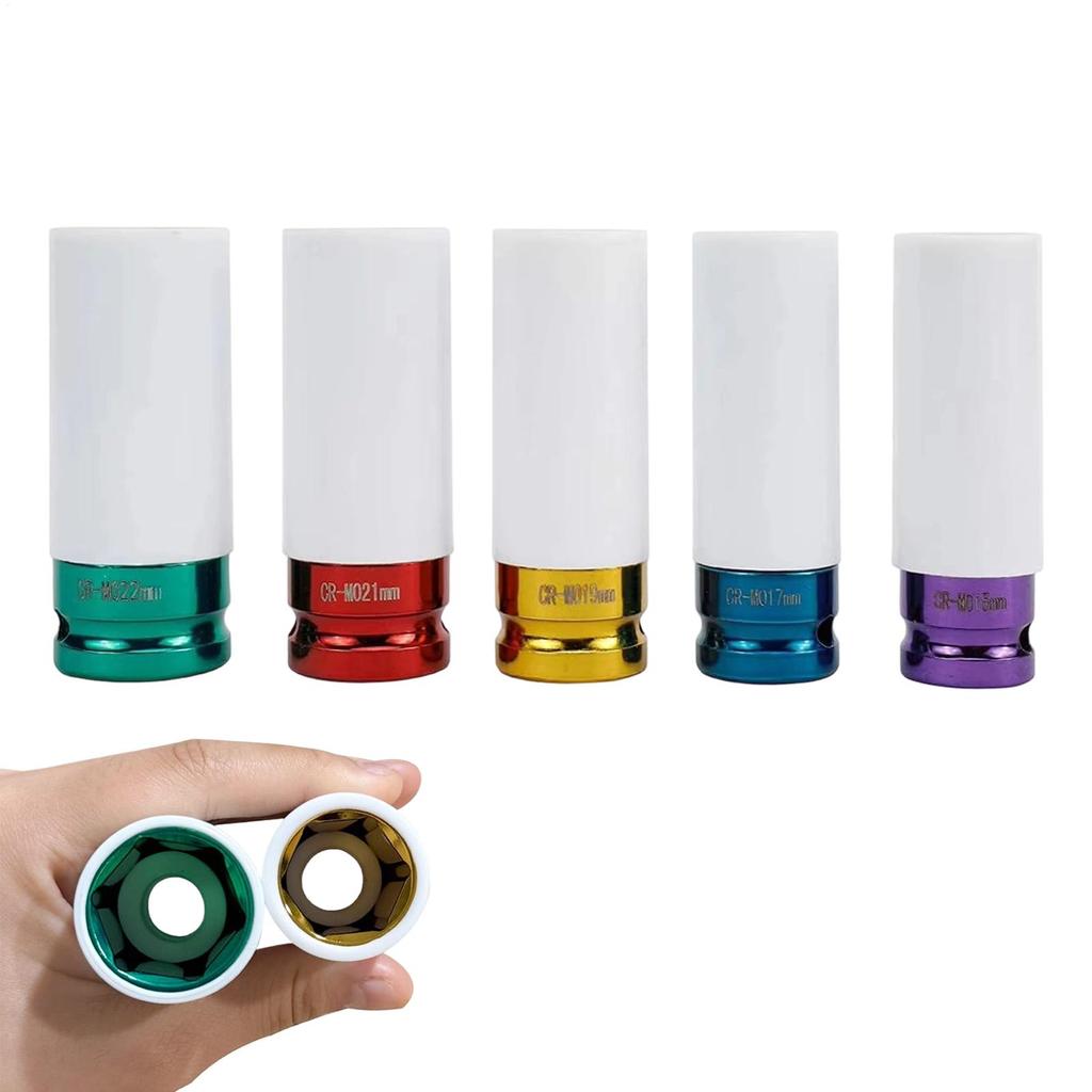 5 Pieces Lug Nut Socket Set 15 17 19 21 22mm Repair Tools Thin Wall Nut Sockets Kit Electric Wrench Socket Wheel Nut Protector