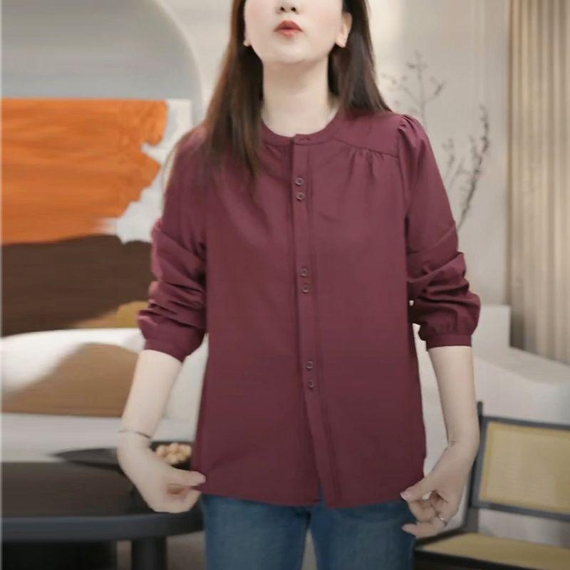 Women's 2025 New Stitched Round Neck Button Fashion Solid Color Versatile Casual Long Sleeve Shirt