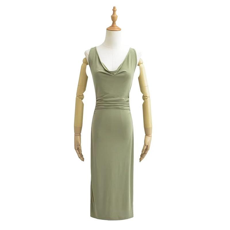 European and American sexy swinging neck sleeveless vest dress women's outer wear pleated slim fit elastic hip wrap medium and long dress summer
