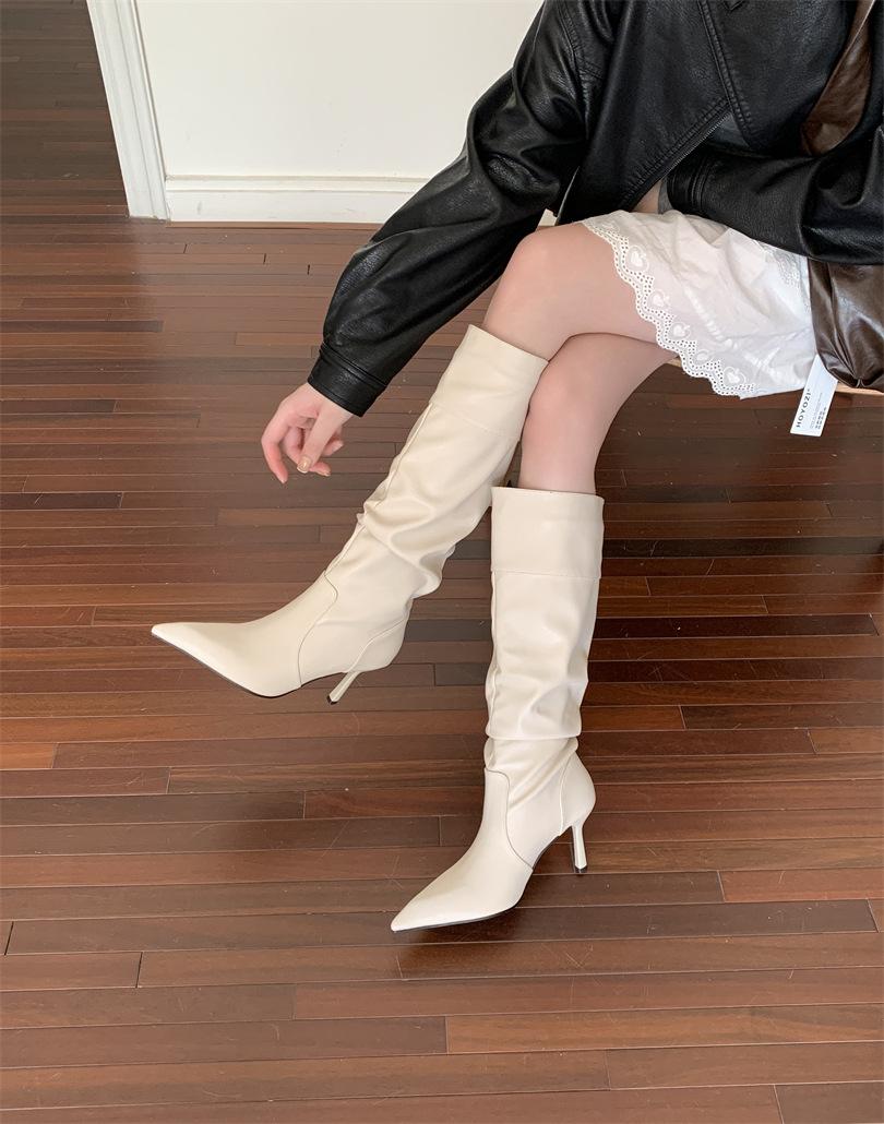 

~ Pull the wind girl! Niche design flat bottom inner height increase pointed pile boots women s pleated thin boots 40