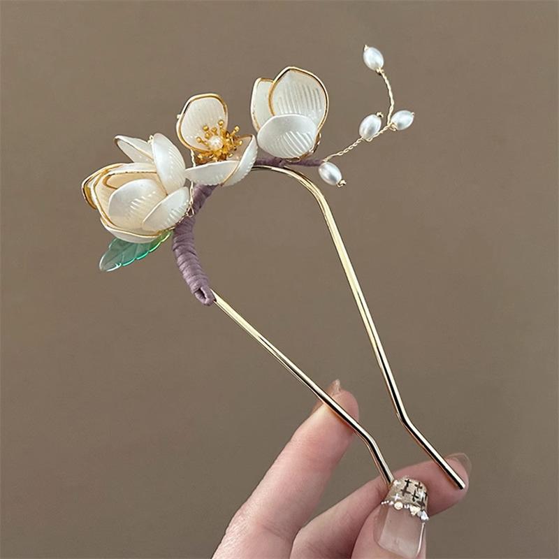 1Pcs Party U-Shaped Hair Pin Hair Accessories Elegant Retro Magnolia Flower Alloy Hair Clip Perfect For Curling Or Straight Hair