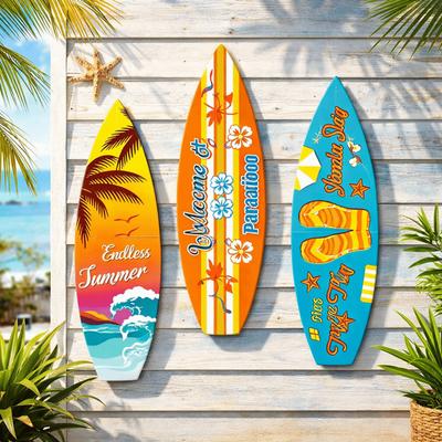 Summer Beach Themed Surfboard Wall Hanging Colorful Retro Beach Surfboard Decor Handcrafted Surfboard Ornaments Outdoor Wall Art