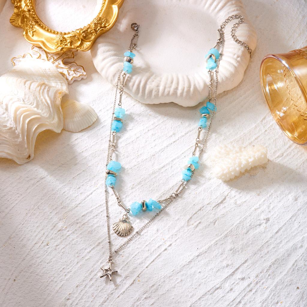 Bohemian Summer Double Layered Necklace for Women Blue Irregular Stone Beaded Starfish Pendant Choker Vacation Jewelry Gifts