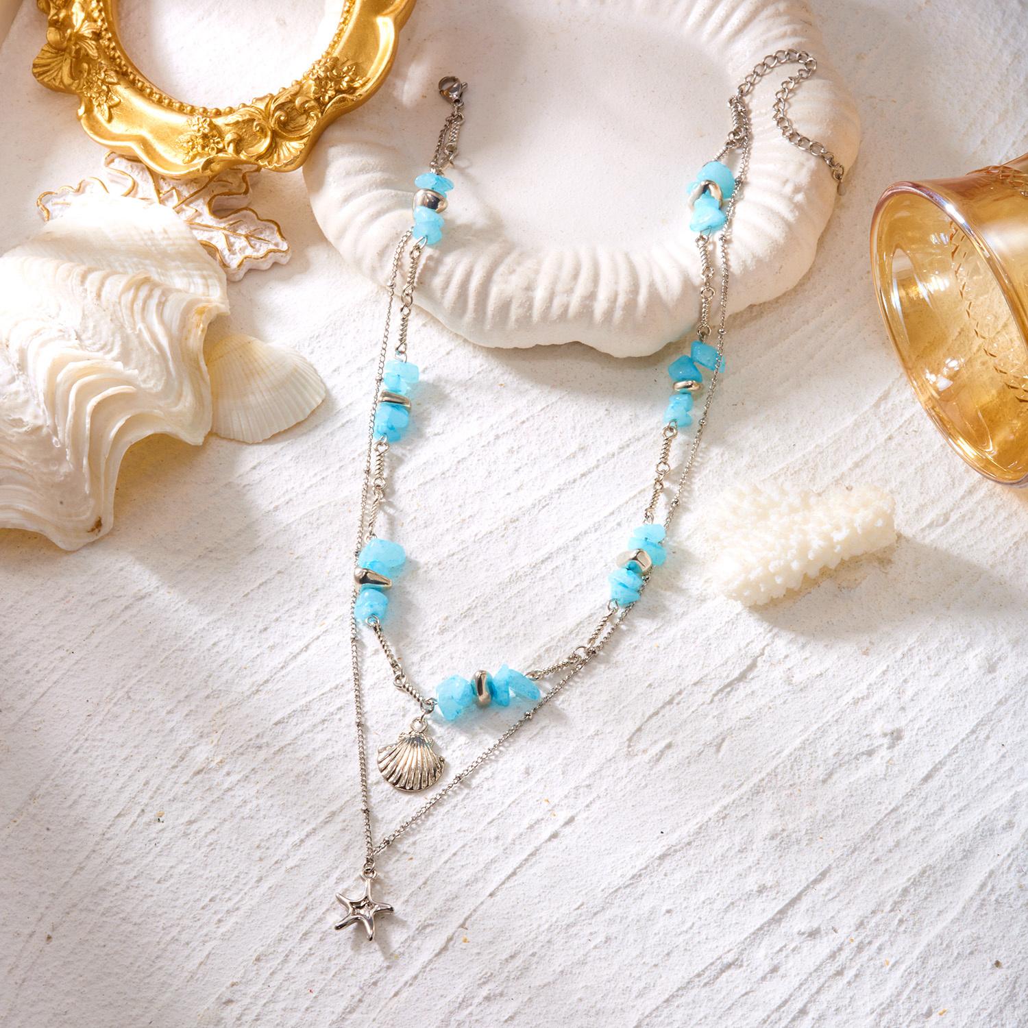 

Dainty Irregular Natural Stone Shell Double-layer Necklace for Women Punk Starfish Choker Chain Beach Party Jewelry Gift