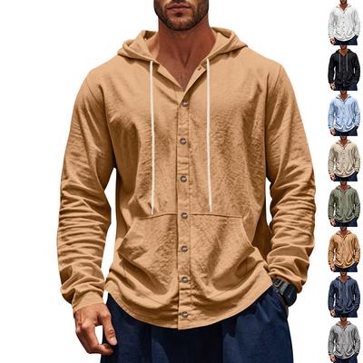 Camicia Casual Semplice da Uomo Rilassata in Lino con Cappuccio Manica Lunga
