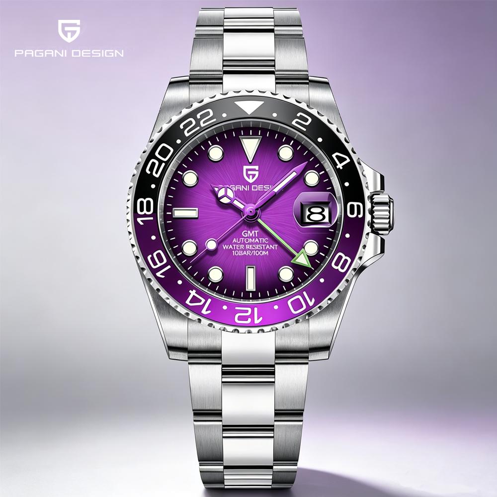 PAGANI DESIGN New Purple Dial GMT Men Mechanical Watch Sapphire Glass Stainless Steel Waterproof Automatic Watches for men
