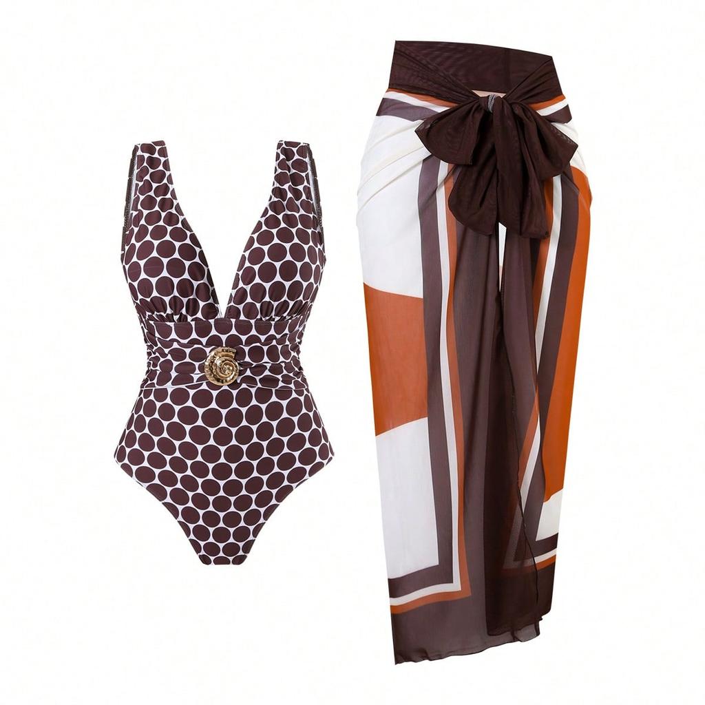 Deep Brown One-Piece Swimsuit with Sheer Wrap Skirt, V-Neck, Bow Detail