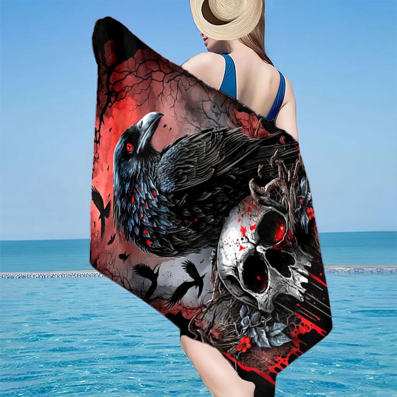 Eerie Raven Skull Artwork Beach Towel, Super Soft Microfiber, Gift for Her/Him, Birthday, for Pool, Beach, Travel, Home Decor Fan gifts