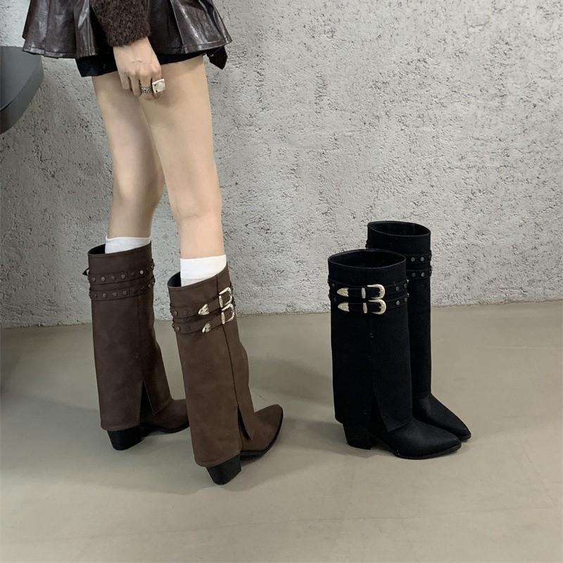 2025 Herbst und Winter neue Retro American Spice Girl Nieten Ritterstiefel Skinny Stiefel Hohe Grobe Absatzstiefel Hose Hosenstiefel Damen
