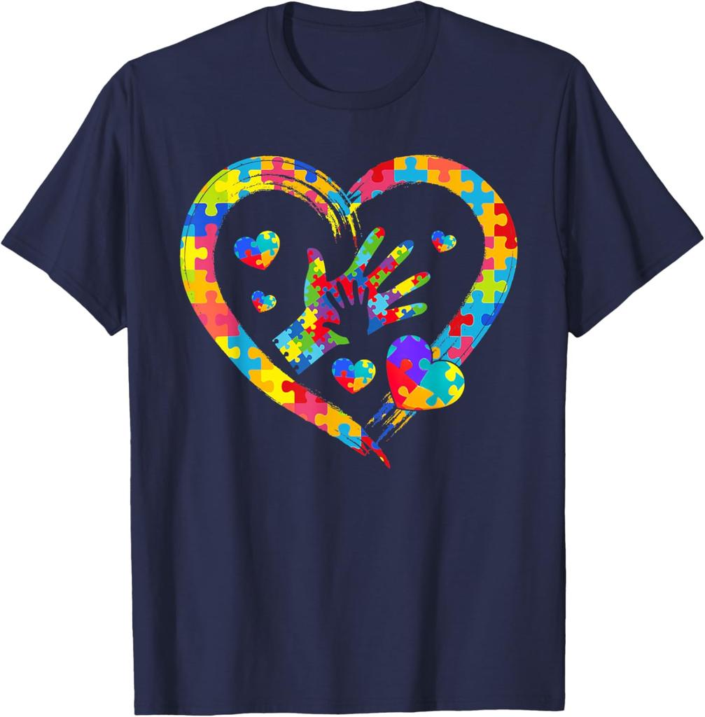 Autism Awareness Puzzle Heart Hands Love Graphic T-Shirt Casual Daily Cotton Short Sleeve Tee