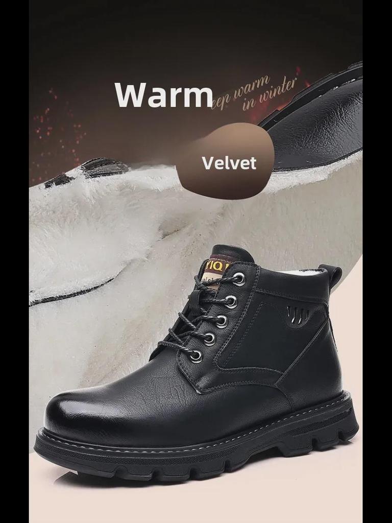 Pánské zimní boty středního střihu v britském stylu z černé kůže se sametovou podšívkou