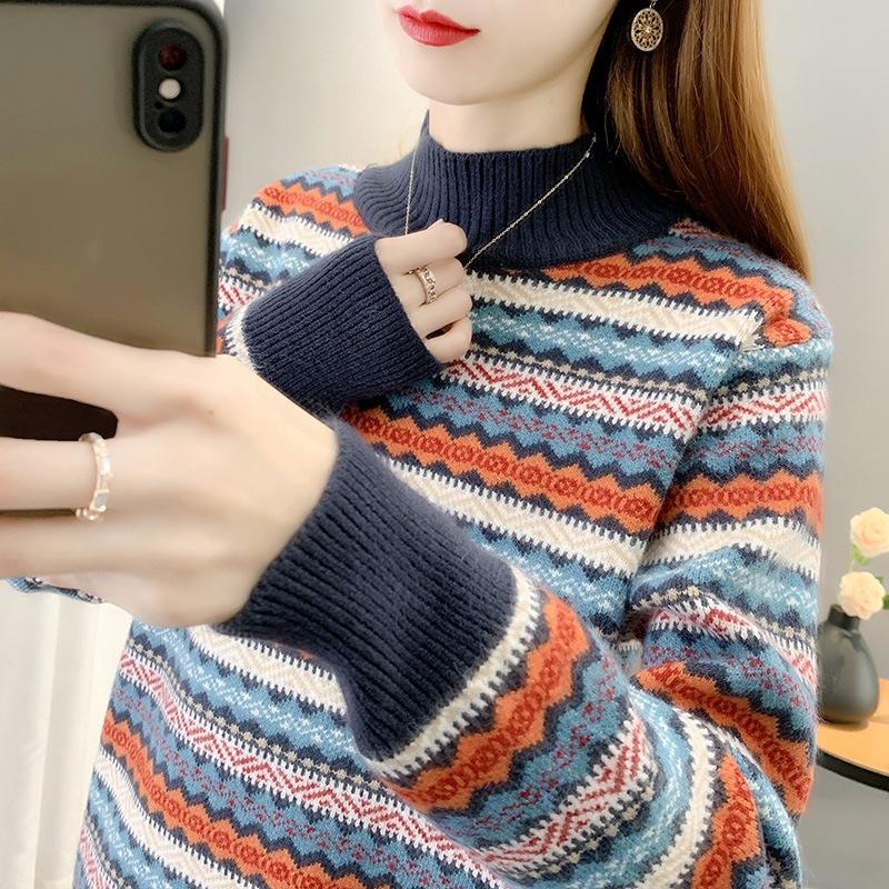 Half Turtleneck Thickened Women's Sweater Spring New Retro Ethnic Style Knitted Sweater Versatile Loose Top