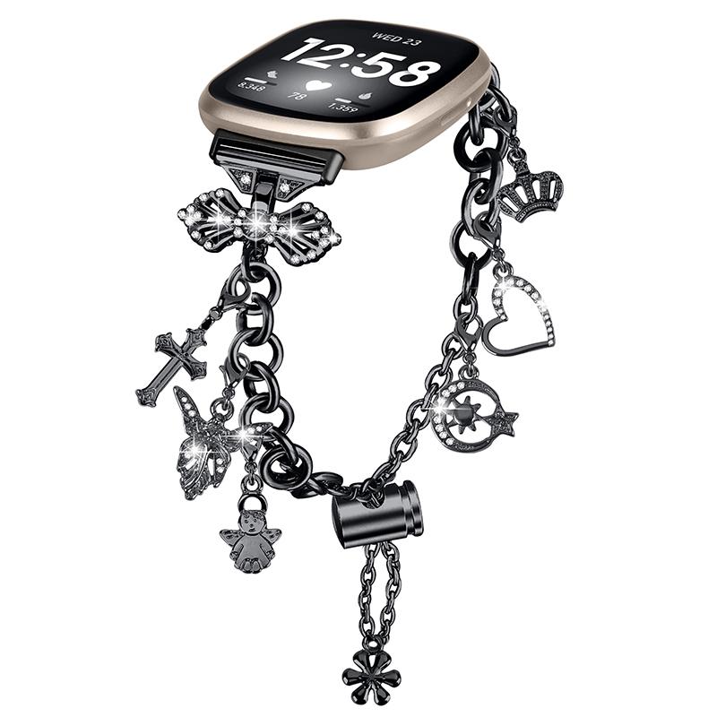 

For Fitbit Versa 4/Sense 2 Adjustable Watch Band Decorative Pendant Bracelet DIY Strap Black