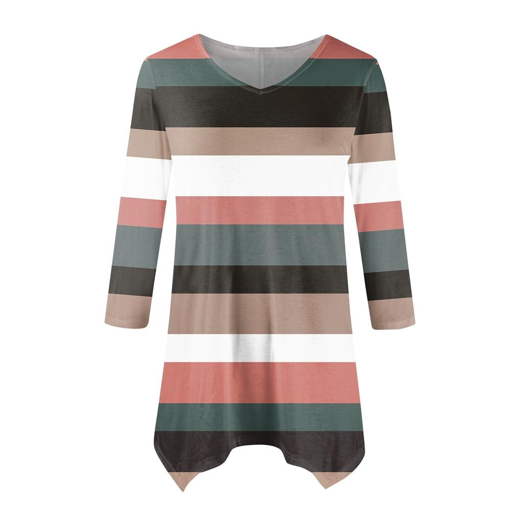Women's Fashion Casual V-neck Striped Printed Seven-point Sleeve Shirt Belted Loose Comfortable Top