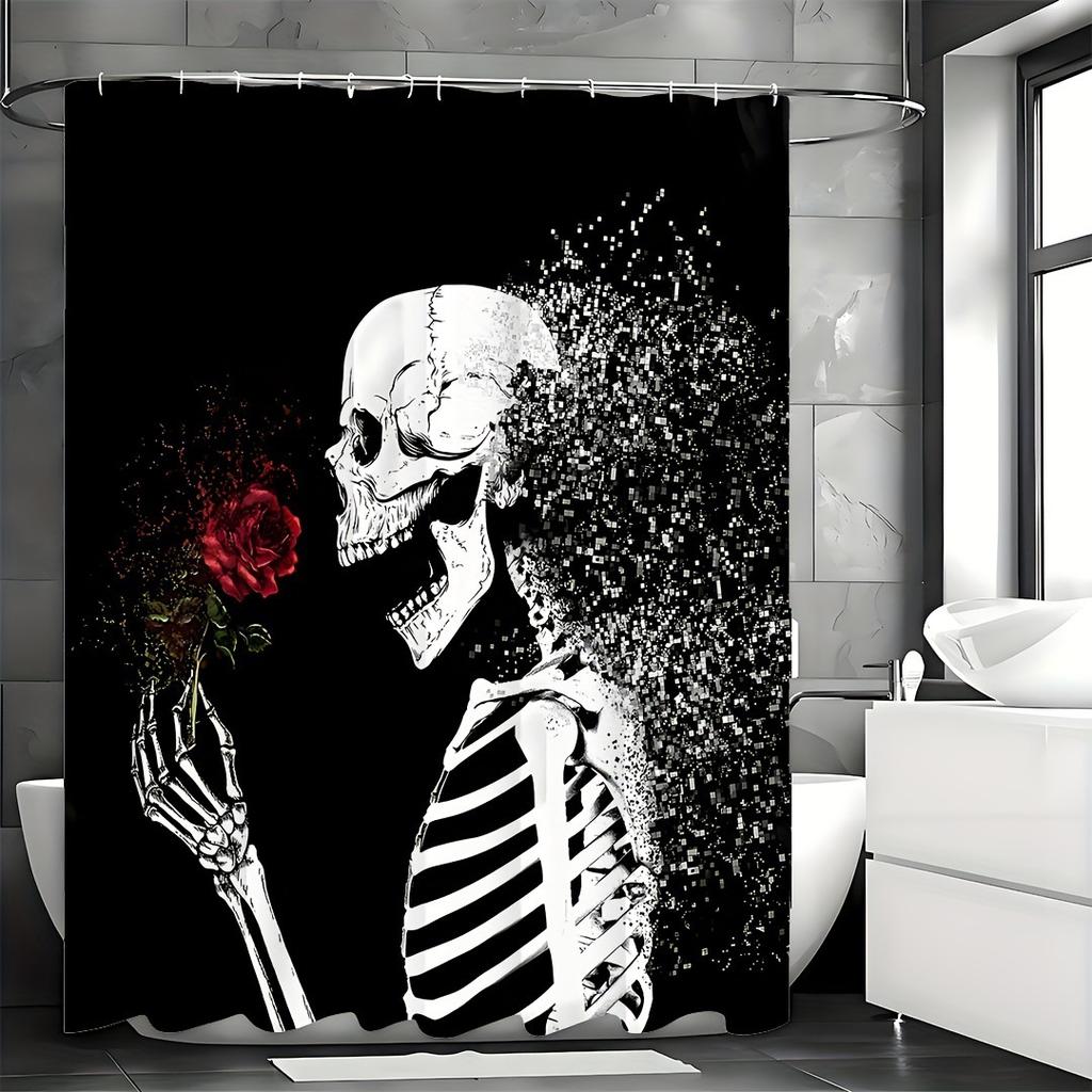 Red Rose Art Skull Shower Curtain Washable Dirt-Resistant Shower Head Waterproof Polyester Bath Curtain For Home Decor