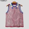 INCERUN Men Sleeveless Mesh See Through Stitching Flowers Embroidery Tank Tops