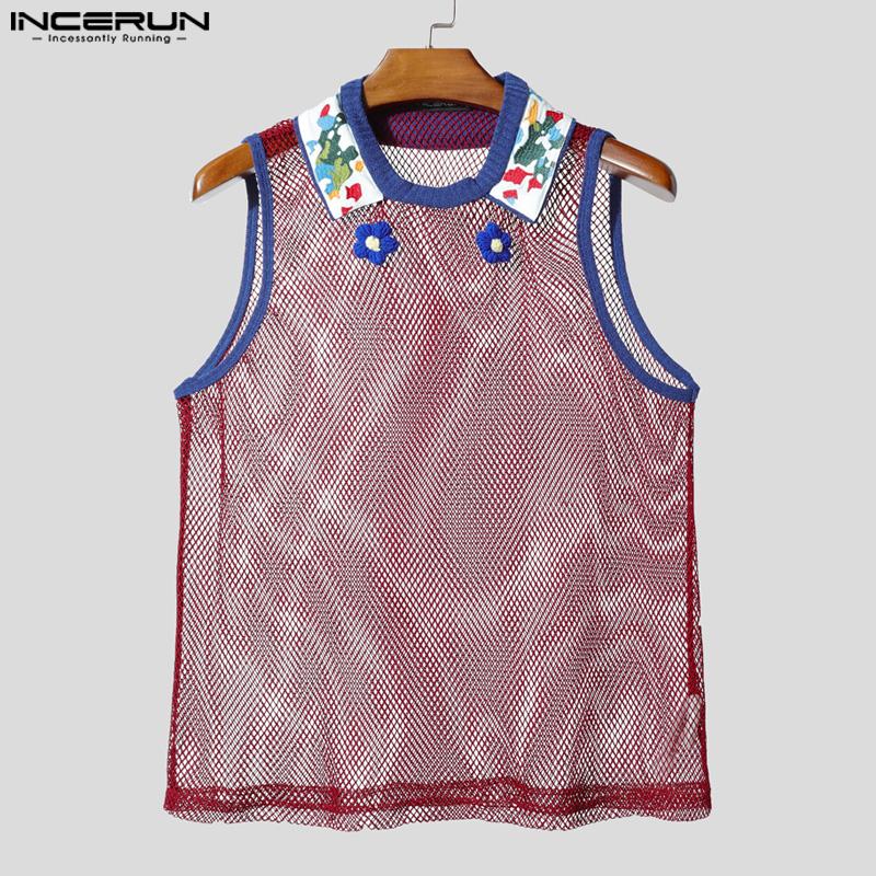 INCERUN Men Sleeveless Mesh See Through Stitching Flowers Embroidery Tank Tops