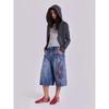 DRIPX Jorts de Mezclilla con Estampado de Letras Vintage para Mujer Negro Gótico Y2k Holgados Jorts de Mezclilla Retro Hip Hop Grunge Pierna Ancha Pantalones Cortos de Mezclilla Streetwear