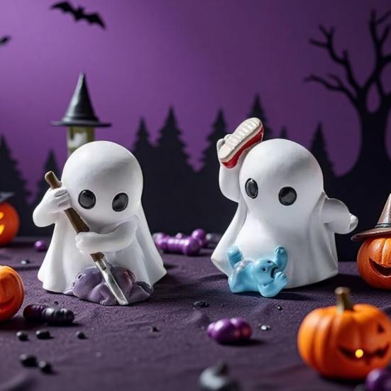 1/2 ks Halloweenská figurka ducha Mini kreslená soška ducha PVC socha Miniaturní ozdoba ducha Domácí kancelář Stolní dekorace