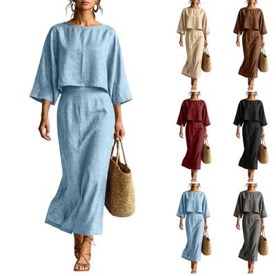Dámský volný svetr s tříčtvrtečními rukávy a sada dlouhé sukně s vysokým pasem Ležérní dvoudílný outfit pro každodenní nošení