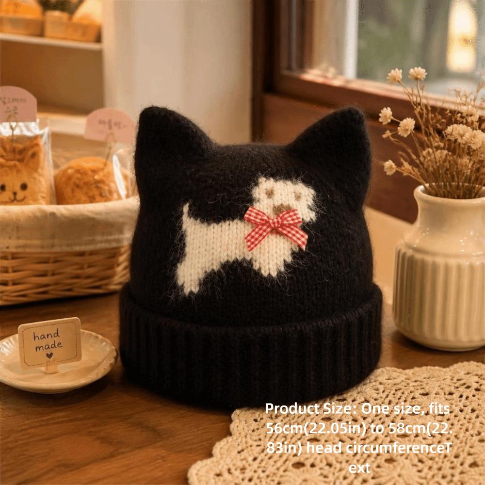 Warm Lining Cat Ear Beanie 56-58cm Puppy Pattern Earflap Hat Fleece Lined Knitted Hat For Students