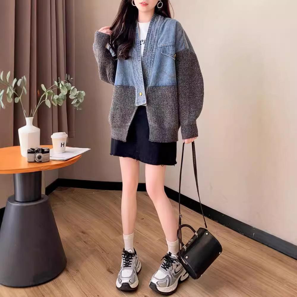 Women's Vintage Denim Patchwork Sweater Coat Woman Autumn and Winter Thickened Loose Cardigan