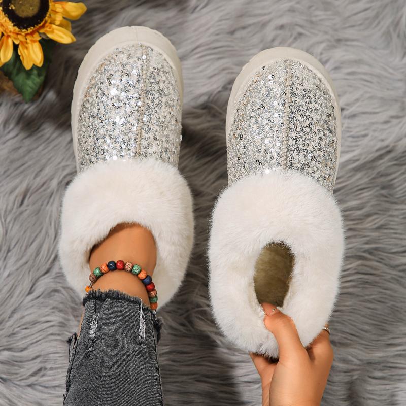 Faux Fur Winter Boots Women New 2024 Fashion Sequined Cloth Warm Snow Boots Woman Non-Slip Thicken Plush Ankle Booties Plus Size
