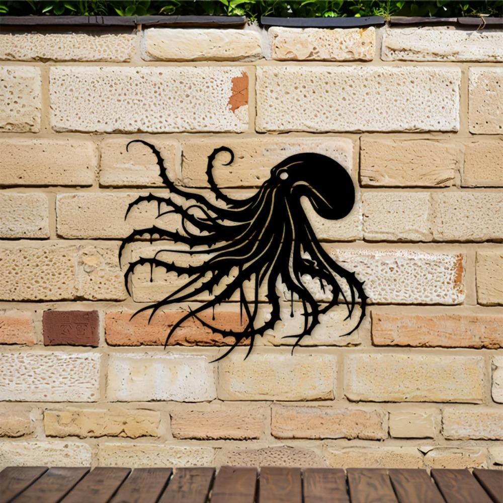 2D Flat Octopus Tentacles Metal Wall Decor, Nautical Sea Creature Silhouette Black Sign, Ocean Theme for Bathroom Living Room Bedroom Indoor Outdoor
