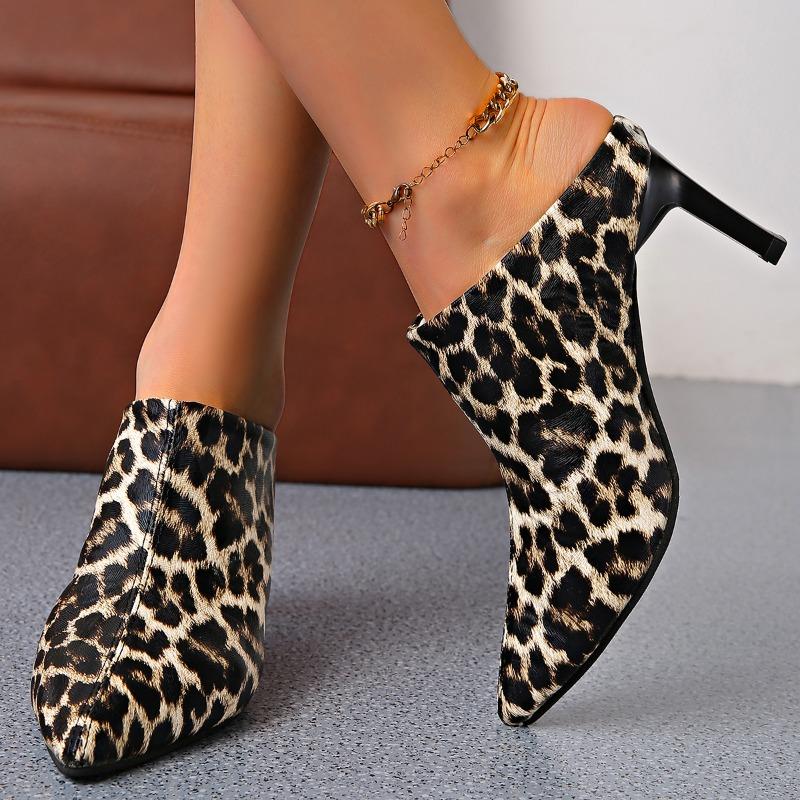 Fashion 2025 New Fashion Luxury Leopard Women Sandals Leather Casual Shoes Hoof Heels  Pointed Toe Ankle Slipper Big Size 42