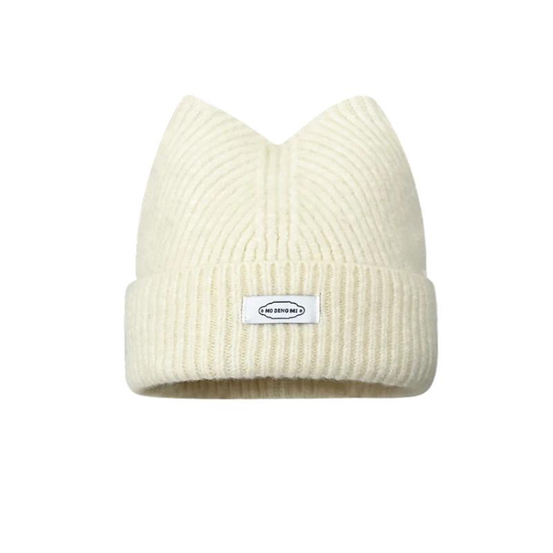 Korean Version New Cute Cat Ear Letter Patch Knitted Hat Women's Autumn and Winter Thickened Warm Versatile Simple Beanie Cap