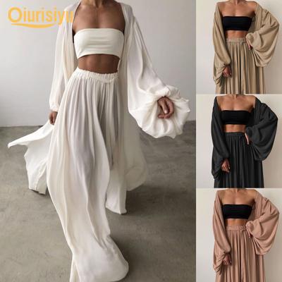 Dreiteiliges Set für Damen, einfarbig, langärmelig, Strickjacke, Röhrenoberteil, weites Bein, Hose