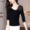 Elegant Fashion Casual Autumn Winter Square Collar Asymmetrical T-Shirts Skinny Solid Patchwork Pullovers Gauze Women's Clothing
