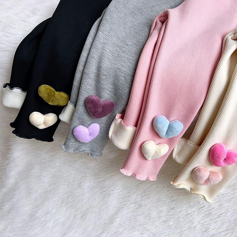 Girls' Fall/Winter Fleece-Lined Outerwear Pants Stylish Heart-Patterned Slim-Fit Fleece Leggings Children's Clothing